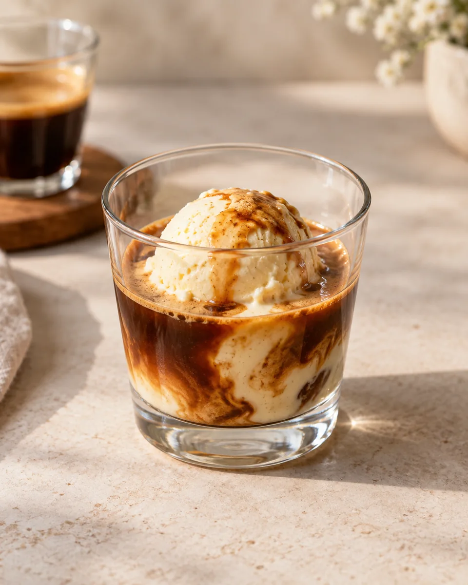 Affogato mit Vanilleeis frisch angerichtet nach dem Rezept