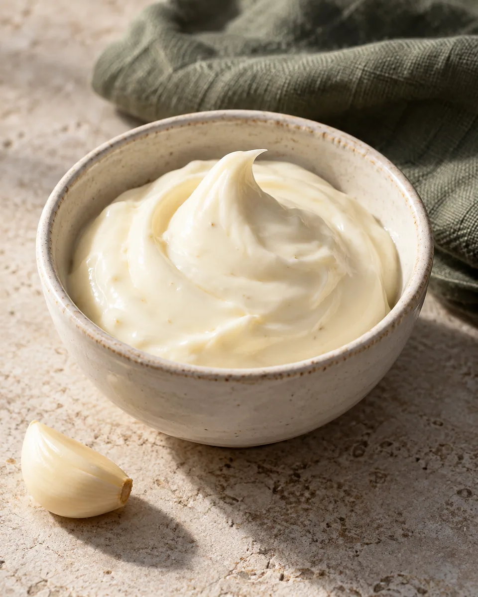 Weiße cremige Aioli mit einer weichen Spitze in einer kleinen Schale