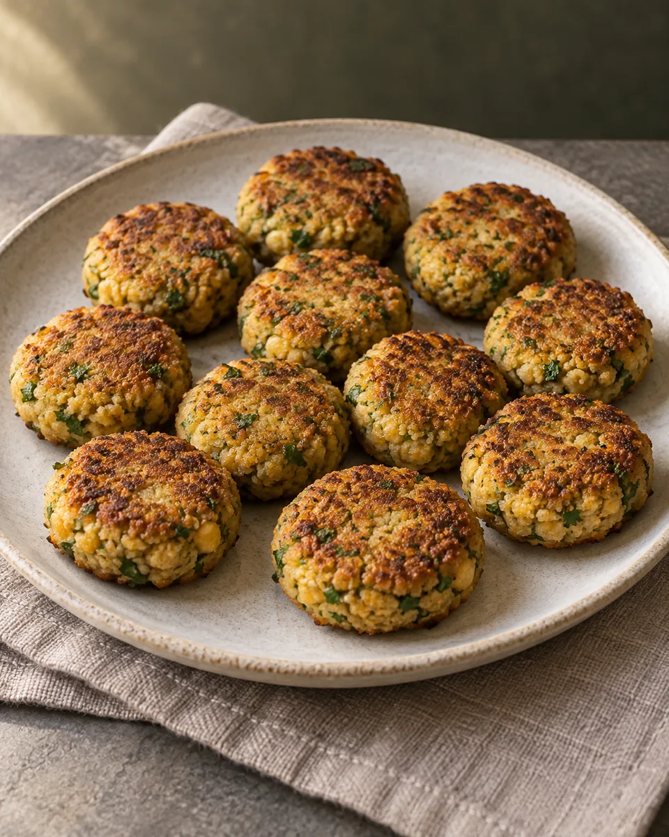 Flache goldbraune Kichererbsen-Falafel mit grünen Petersilienstückchen