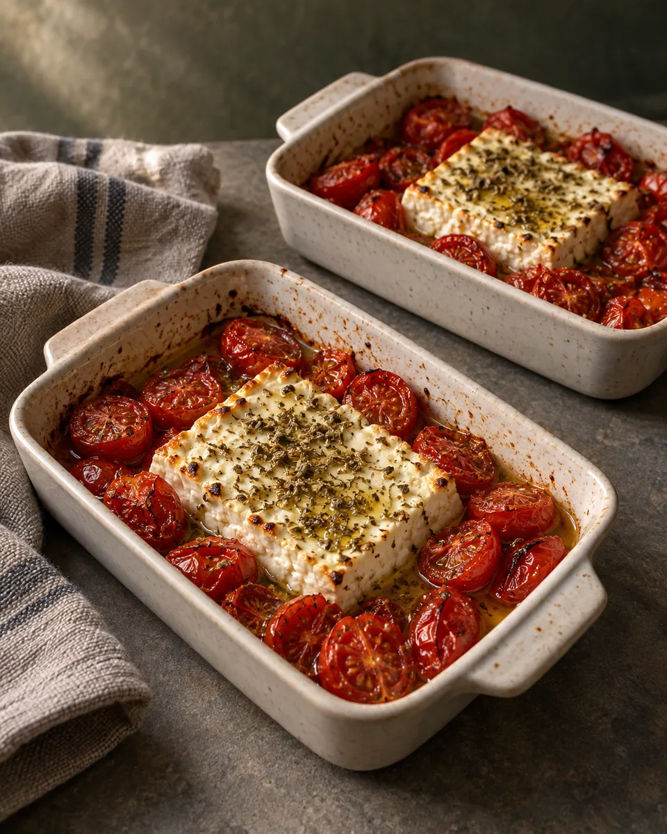 Zwei kleine ofenfeste Formen mit weichem Feta und gerösteten Kirschtomaten