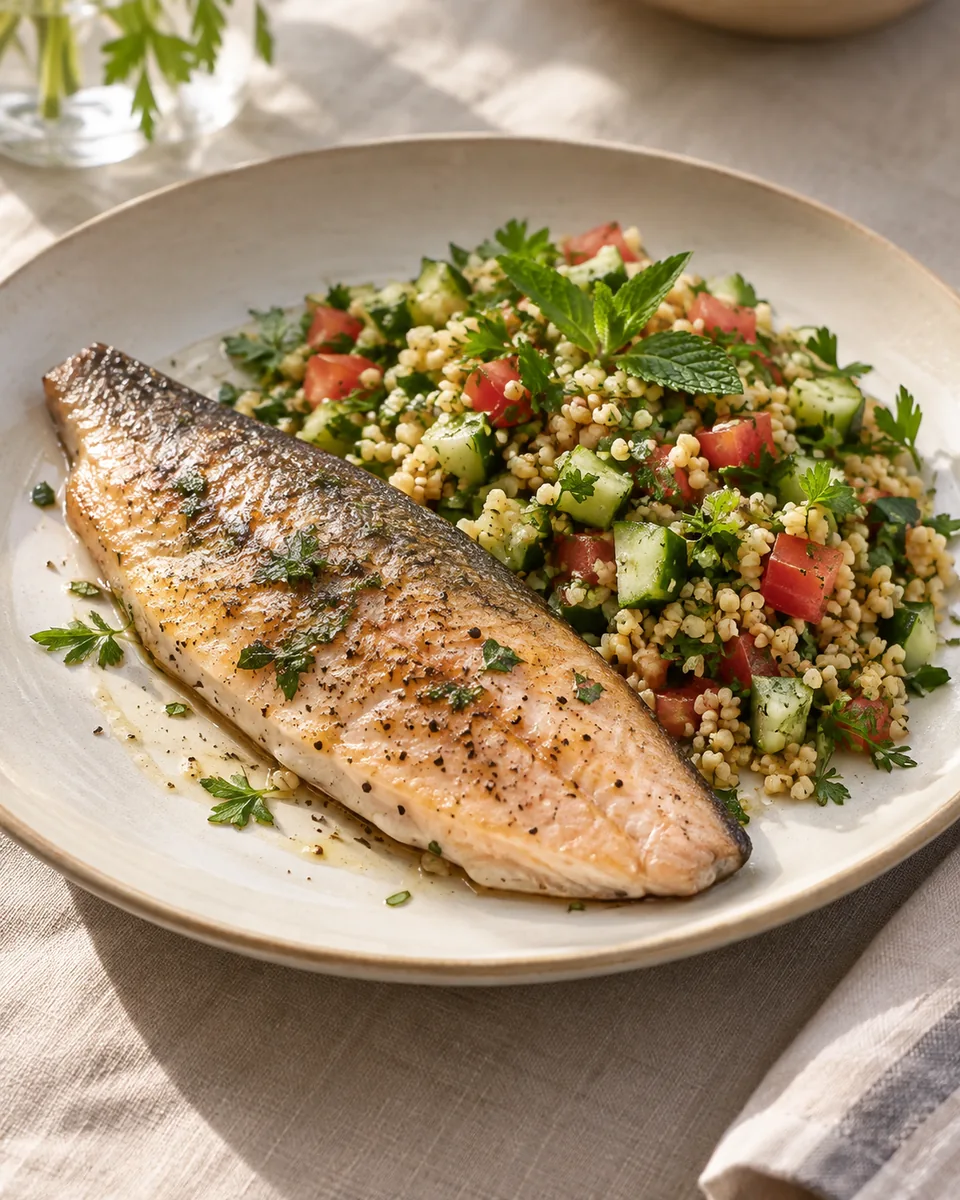 Airfryer-Forellenfilets mit Kräuter-Bulgursalat, passend zu den beschriebenen Zutaten angerichtet. KI-generierte Rezeptillustration.