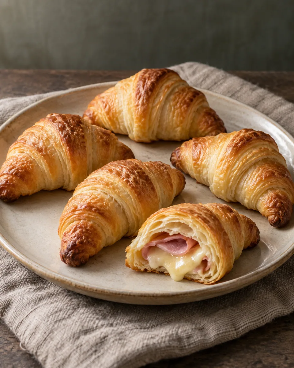 Sechs kleine goldbraune Croissants, eines mit Schinken und geschmolzenem Käse geöffnet