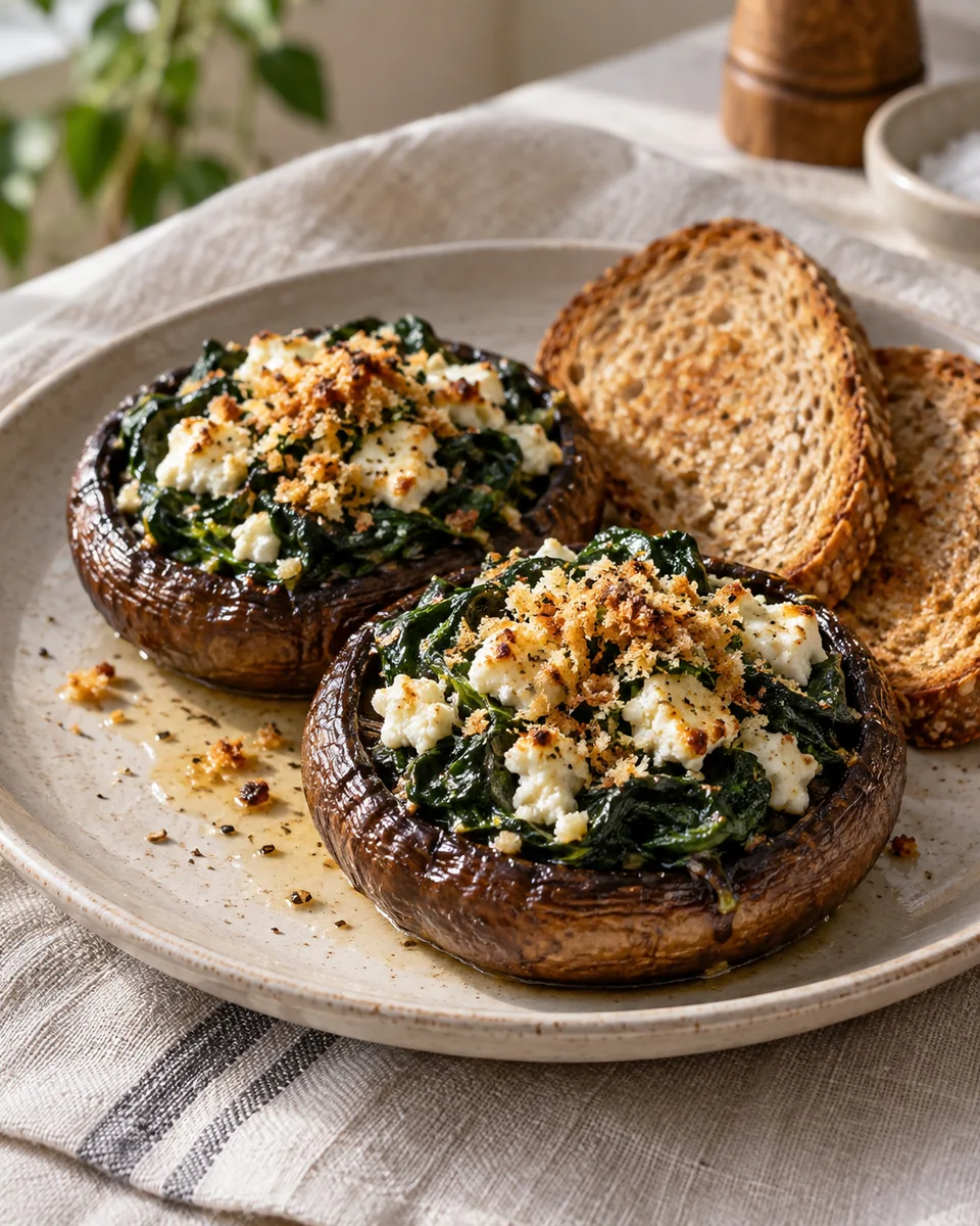 Airfryer-Portobellos mit Spinat und Feta, passend zu den beschriebenen Zutaten angerichtet. KI-generierte Rezeptillustration.