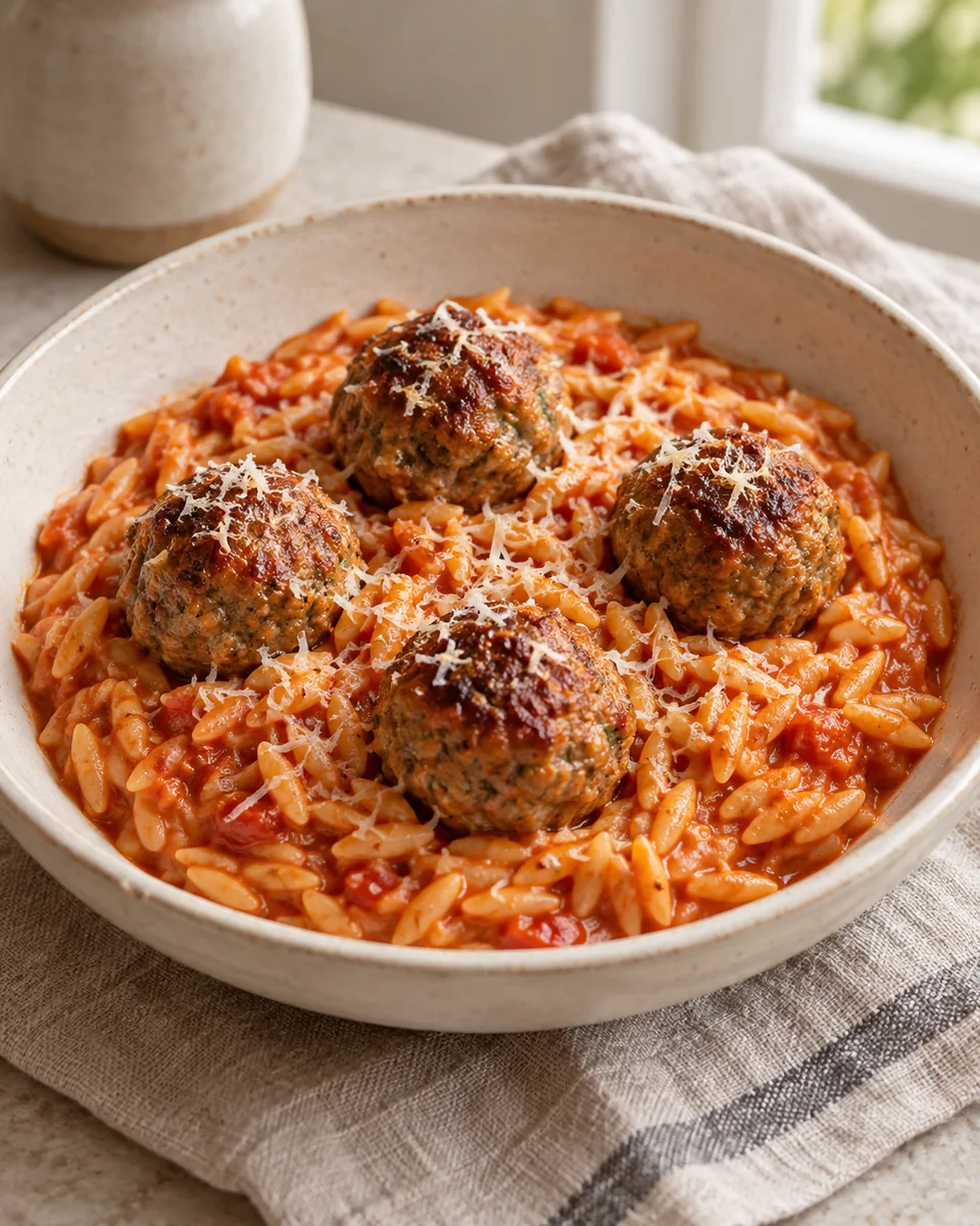 Airfryer-Hackbällchen mit Tomaten-Orzo, passend zu den beschriebenen Zutaten angerichtet. KI-generierte Rezeptillustration.