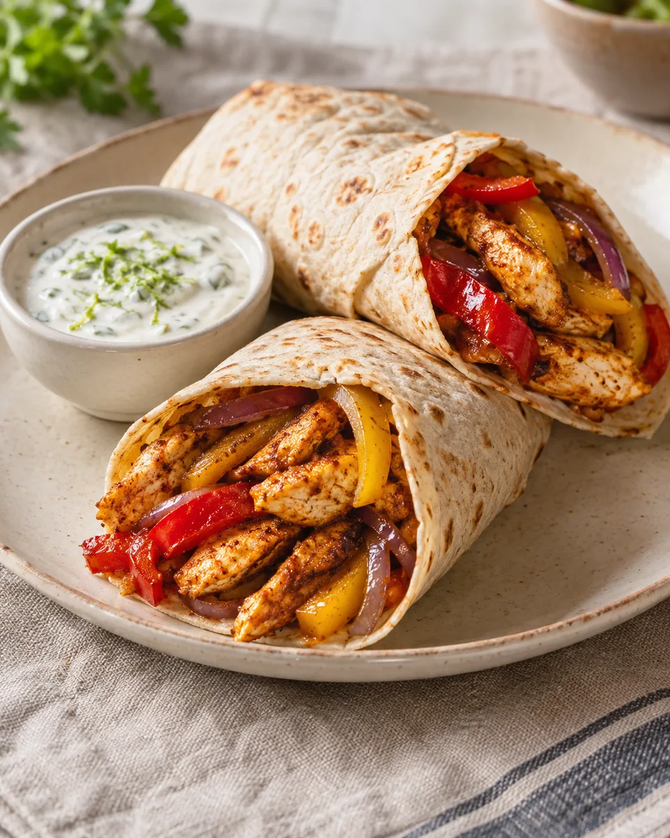 Airfryer-Hähnchen-Fajita-Wraps mit Joghurtdip, passend zu den beschriebenen Zutaten angerichtet. KI-generierte Rezeptillustration.