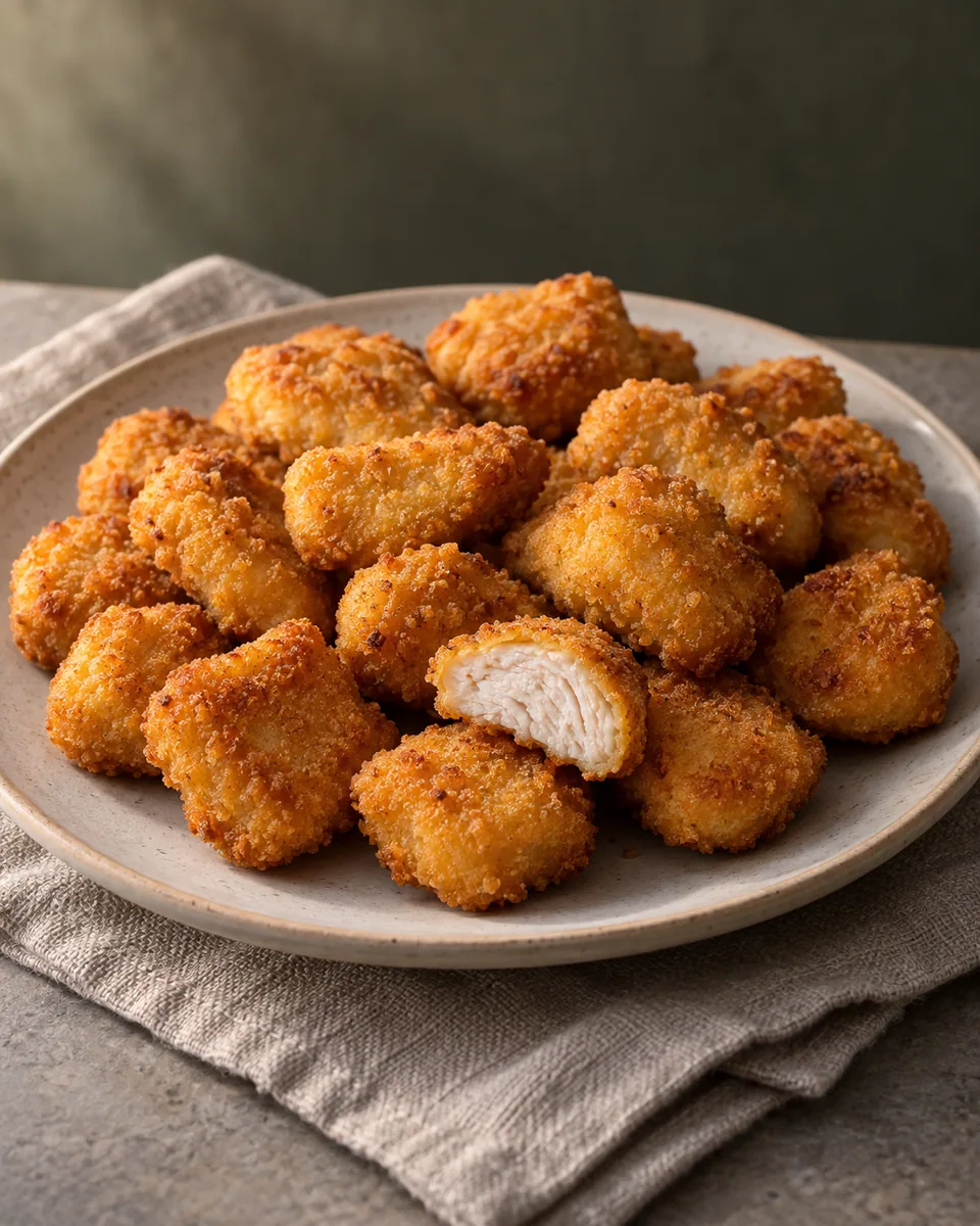 Goldgelbe panierte Hähnchen-Nuggets, eines mit vollständig weißem Kern aufgeschnitten