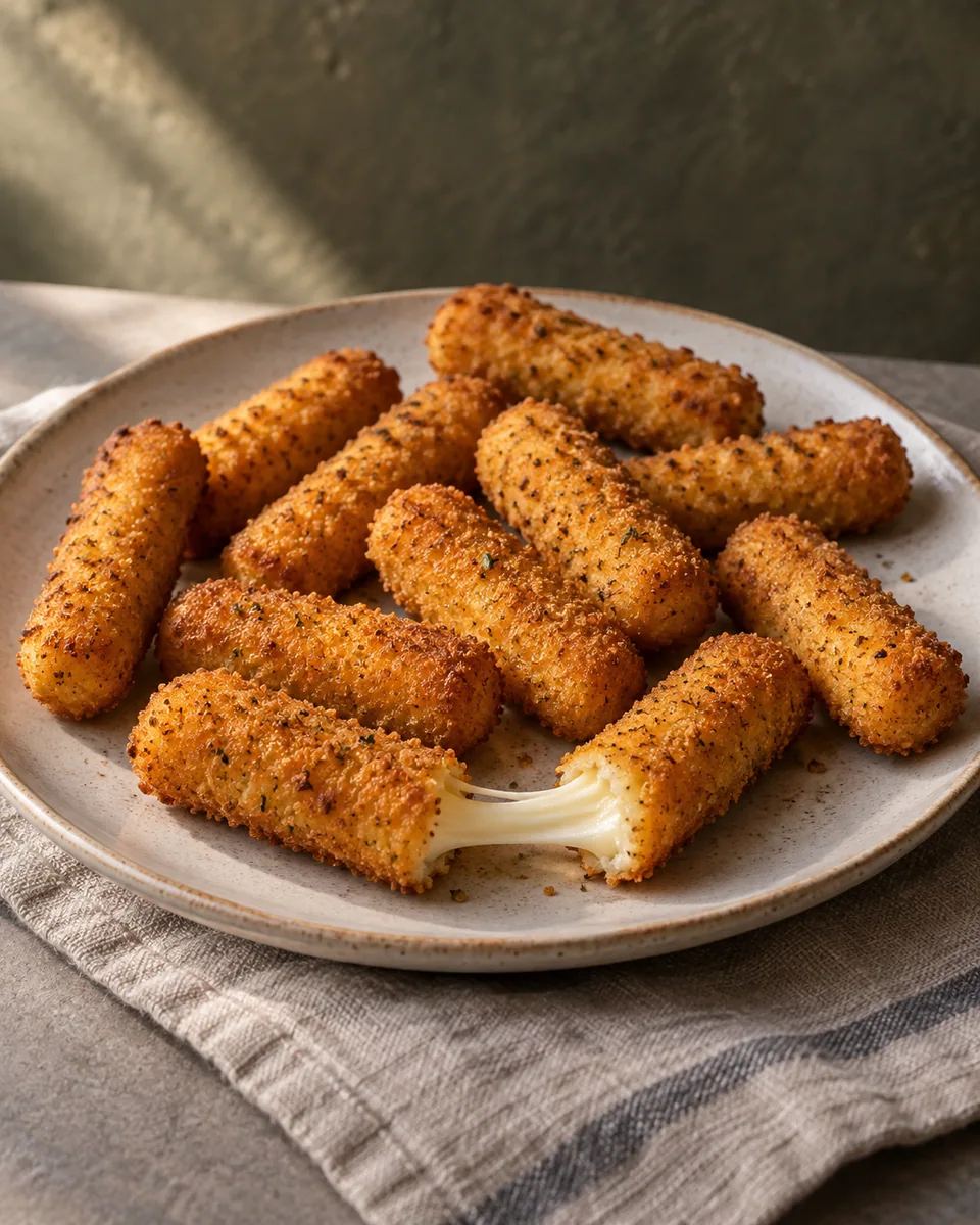 Goldgelbe panierte Mozzarella-Sticks, einer mit kurzem geschmolzenem Käsefaden geöffnet