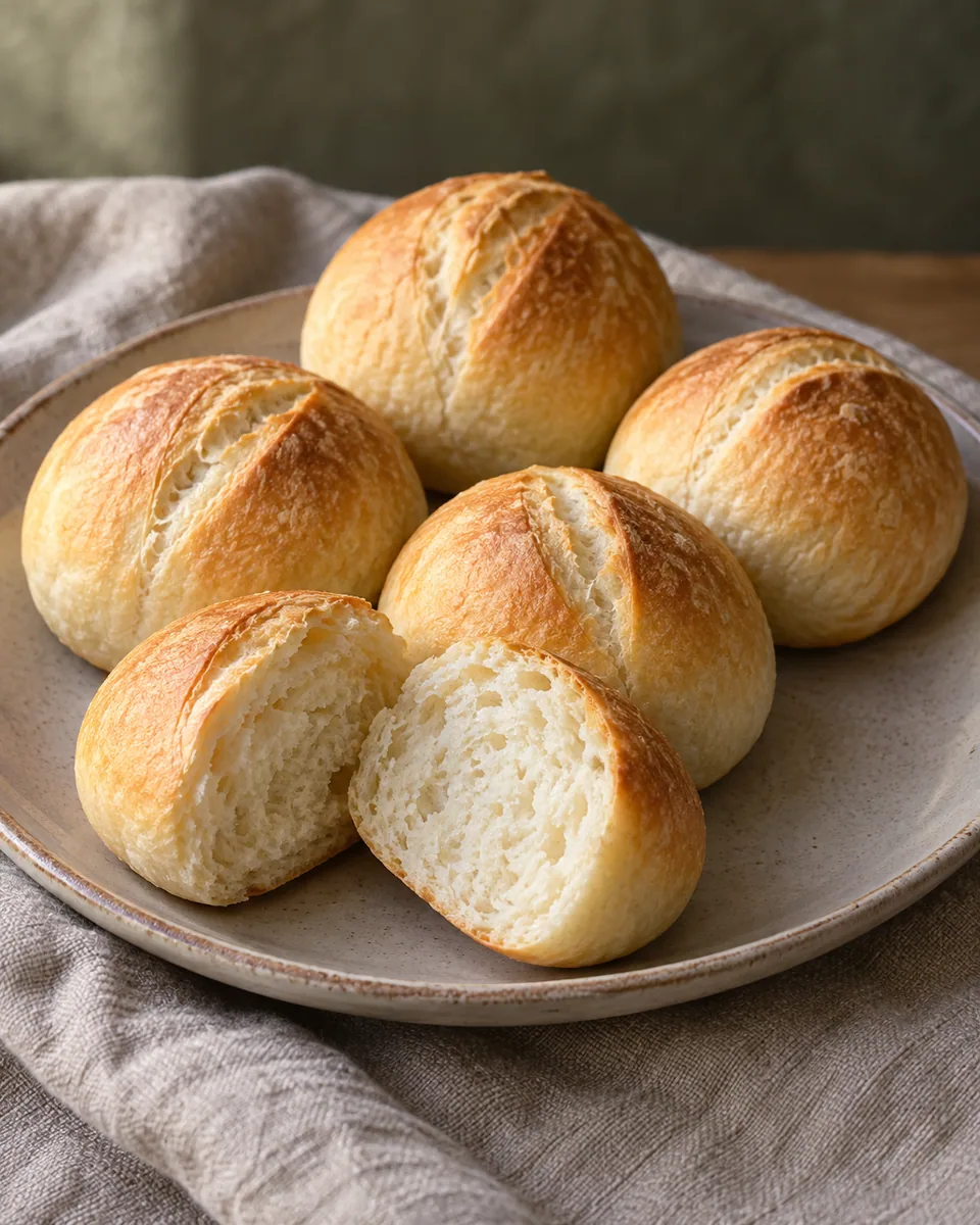 Sechs kleine runde hellgoldene Quarkbrötchen, eines mit gesetzter heller Krume angeschnitten