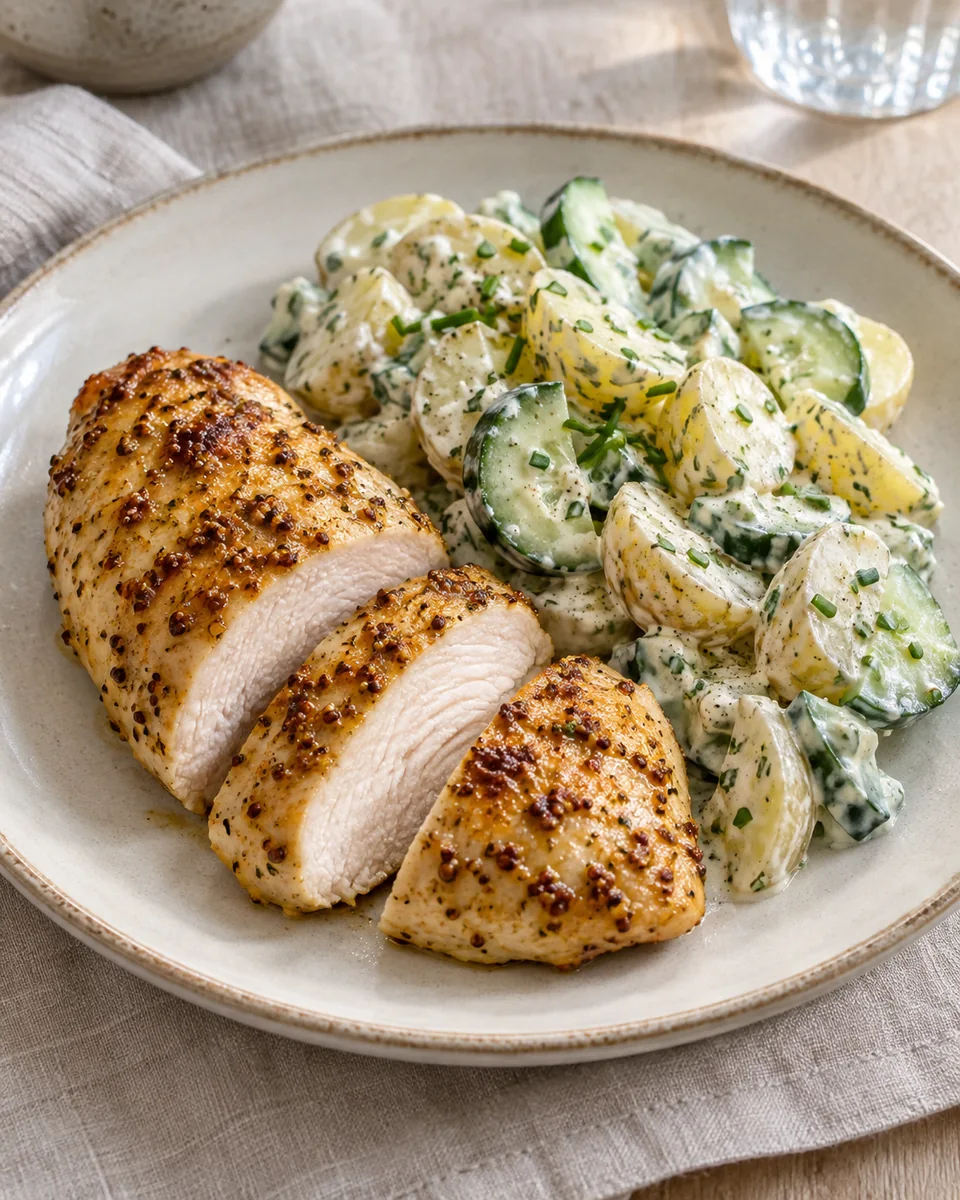 Airfryer-Senf-Hähnchen mit Kartoffel-Gurkensalat, passend zu den beschriebenen Zutaten angerichtet. KI-generierte Rezeptillustration.