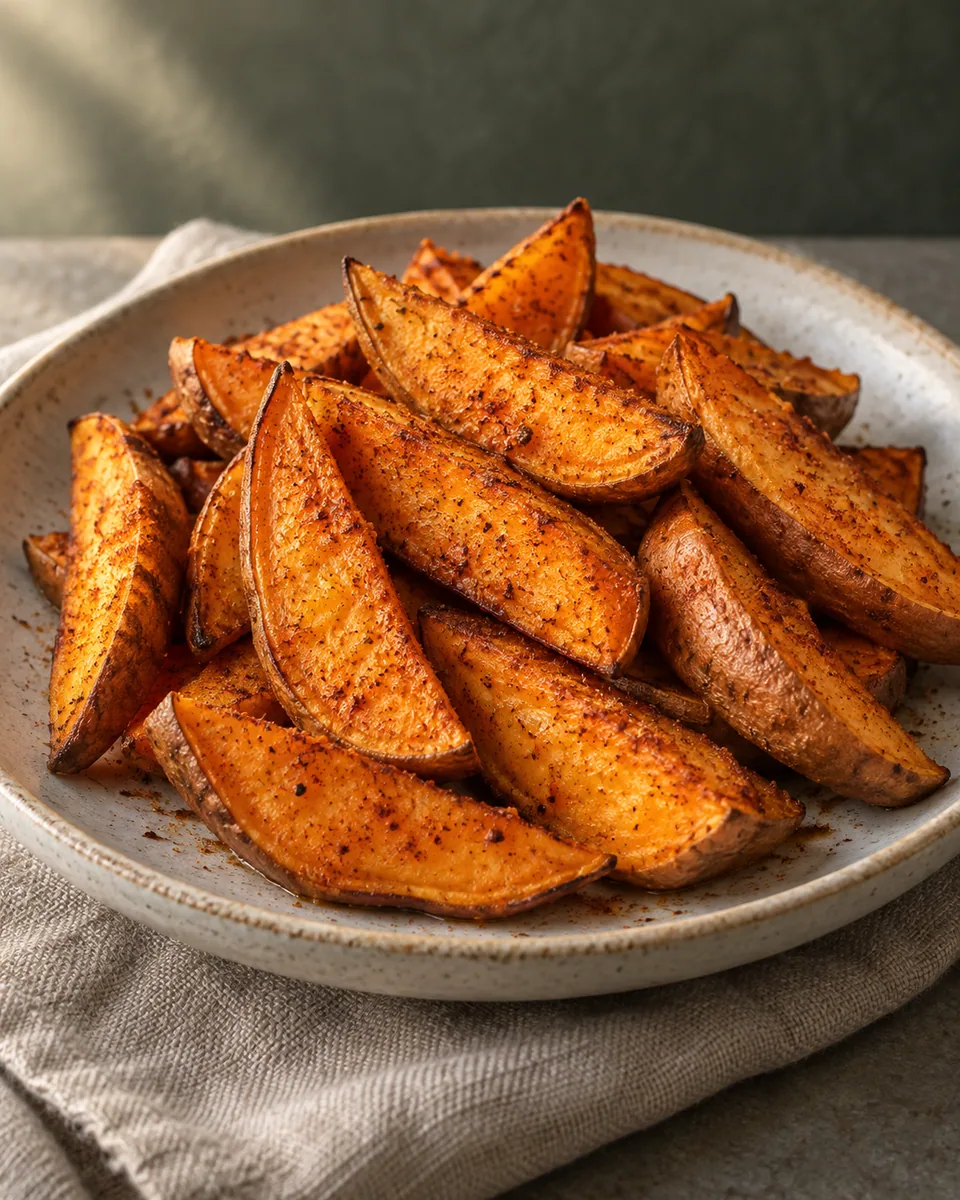 Geröstete orangefarbene Süßkartoffelspalten mit leicht goldenen Rändern