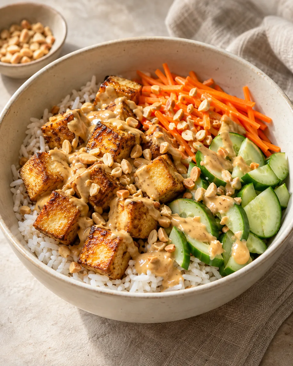 Airfryer-Tofu-Bowl mit Erdnusssauce, passend zu den beschriebenen Zutaten angerichtet. KI-generierte Rezeptillustration.