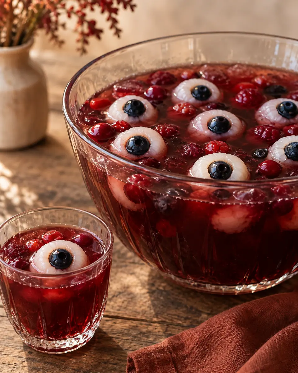 Dunkelrote Bowle in einer Glasschüssel mit weißen Litschi-Augen und Blaubeerpupillen