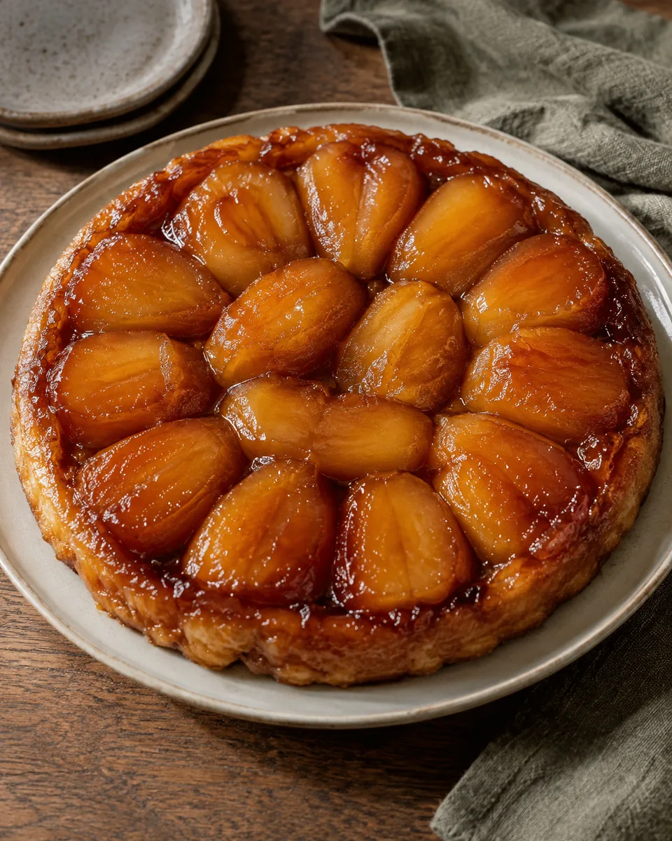 Gestürzte Tarte mit glänzenden karamellisierten Apfelhälften auf einem mürben Boden