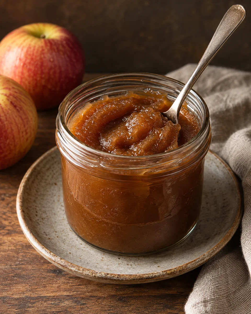 Dicker dunkelgoldener Apfel-Zimt-Aufstrich in einem kleinen Glas mit Löffel