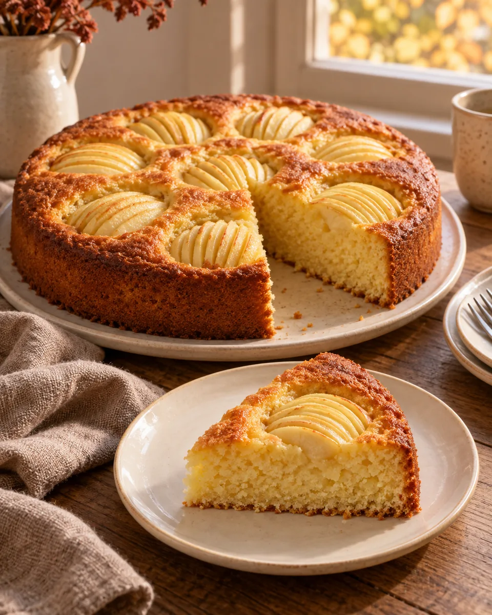 Goldener versunkener Apfelkuchen mit fächerförmig eingeschnittenen Apfelvierteln und wenig Puderzucker