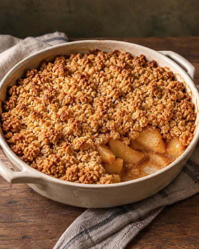 Goldene Haferstreusel über saftigen Zimtäpfeln in einer hellen Auflaufform