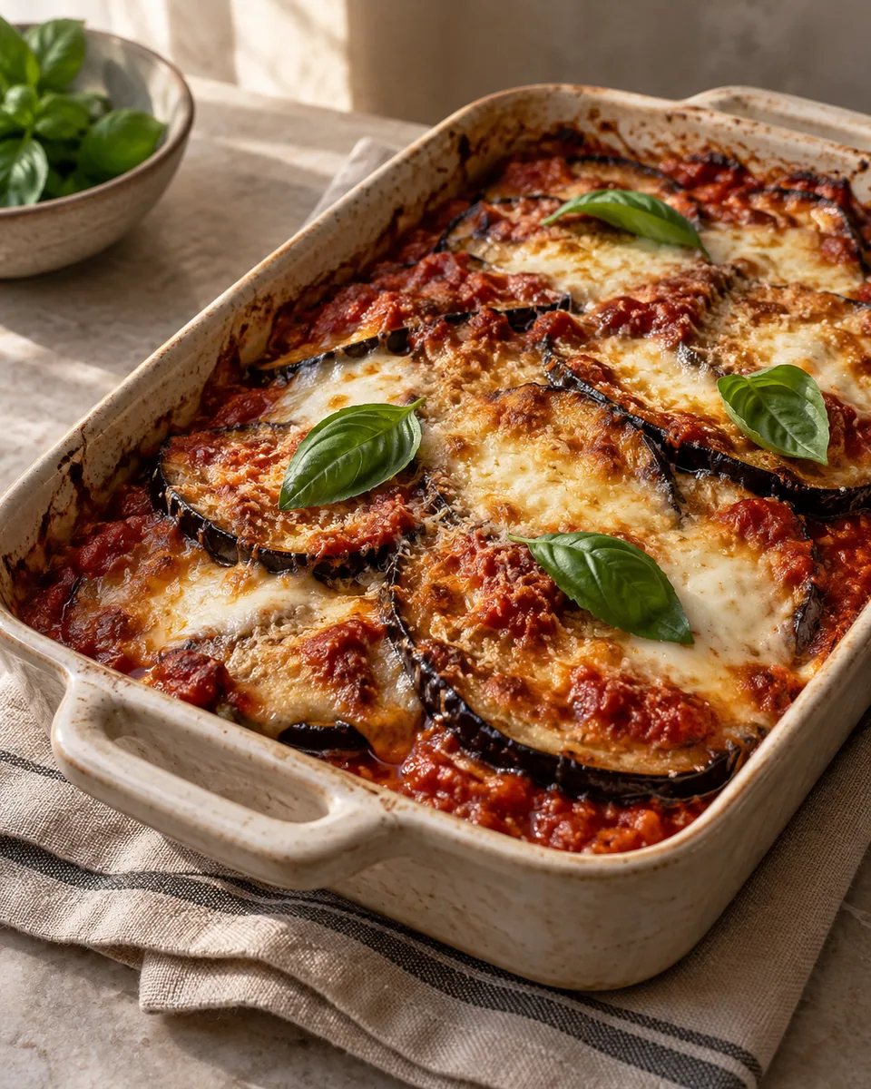 Auberginen-Parmigiana mit Tomatensauce, Käse und Basilikum