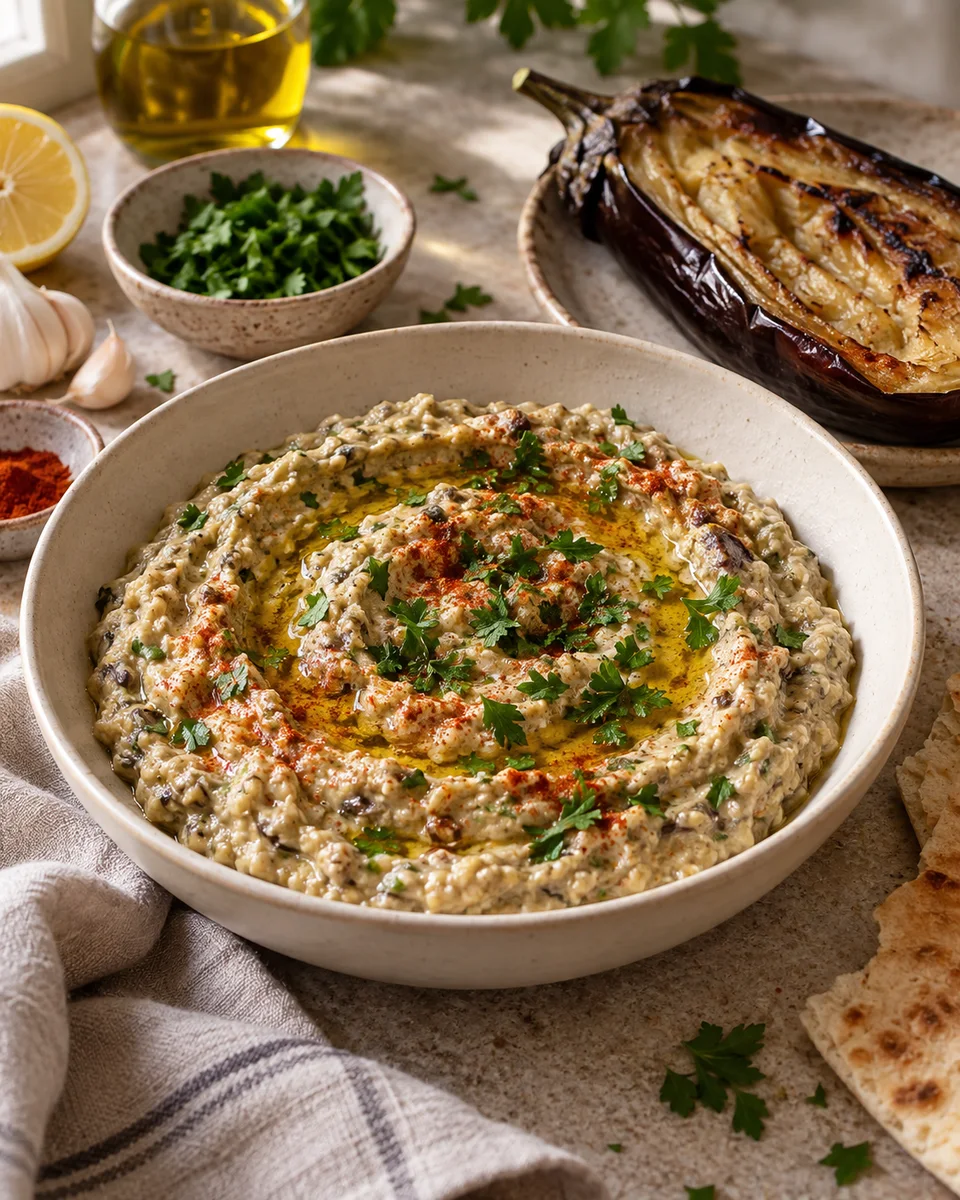 Baba Ganoush aus dem Ofen mit Tahin, als fertiges Gericht angerichtet. KI-generierte Rezeptillustration.