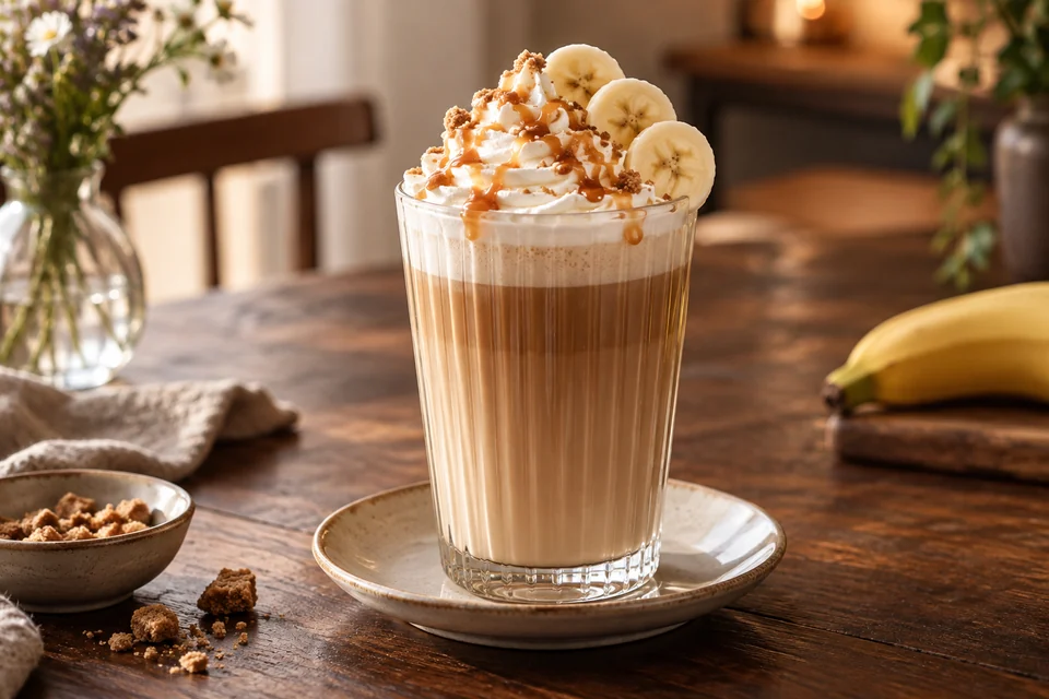 Warmer Banana Caramel Latte mit Sahne, zwei Bananenscheiben und goldenen Keksbröseln