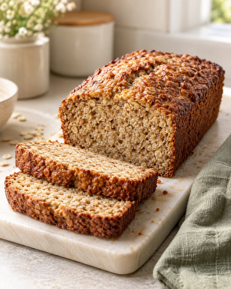 Bananenbrot mit Haferflocken ohne Weizenmehl – appetitlich angerichtete Rezeptillustration