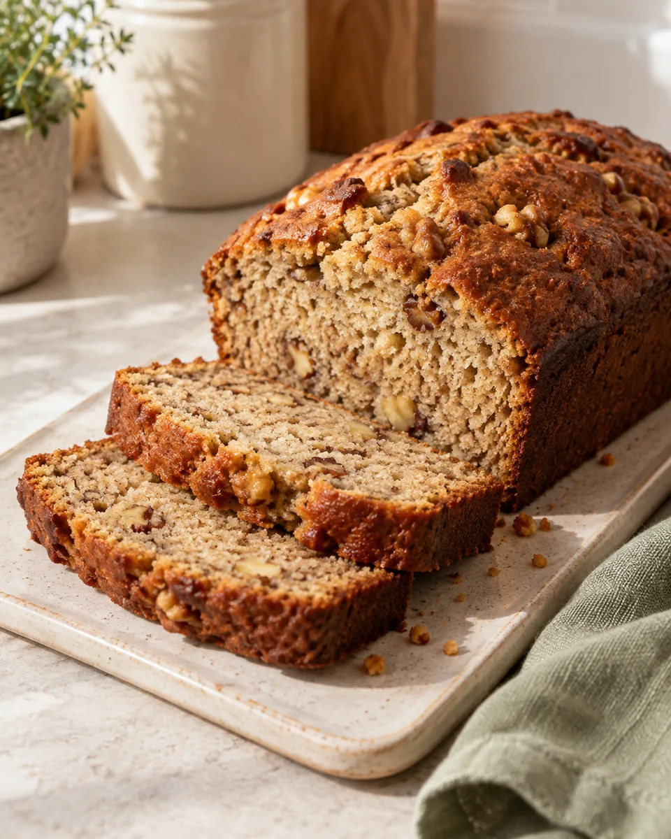 Veganes Bananenbrot mit Walnüssen – appetitlich angerichtete Rezeptillustration