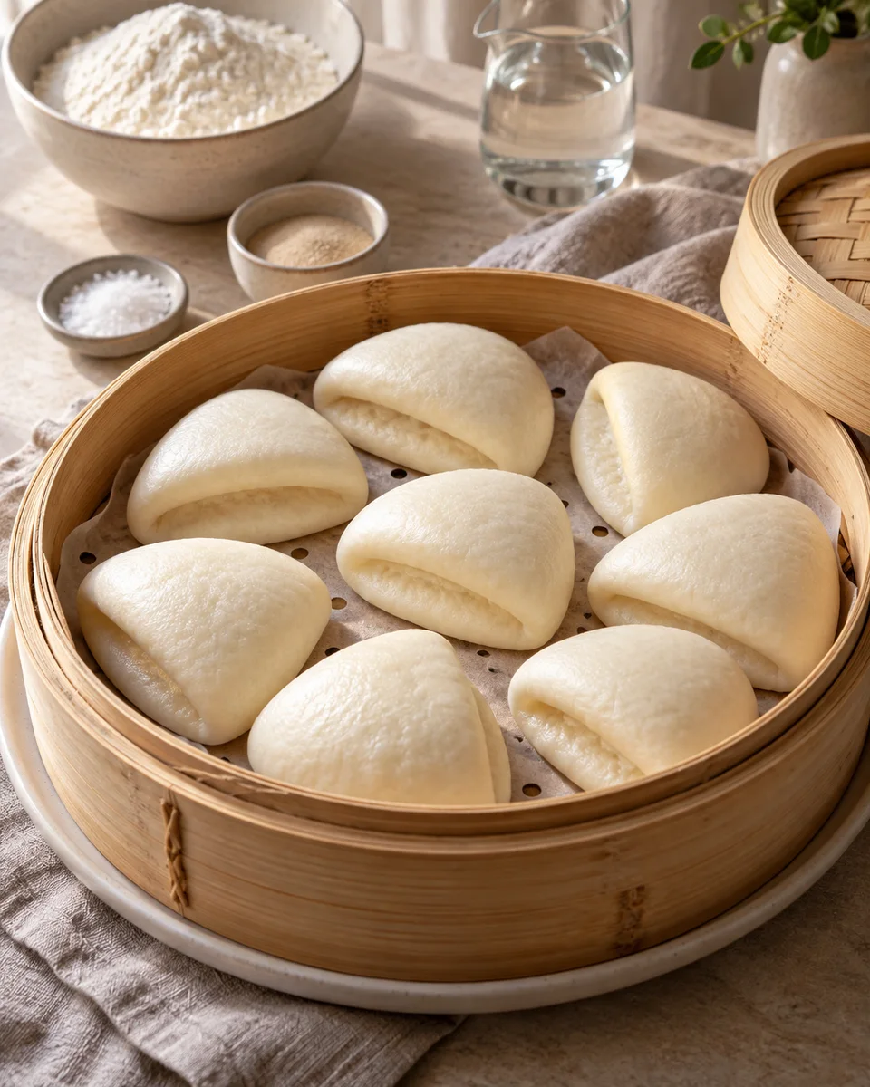 Bao Buns aus fluffigem Hefeteig, als fertiges Gericht angerichtet. KI-generierte Rezeptillustration.
