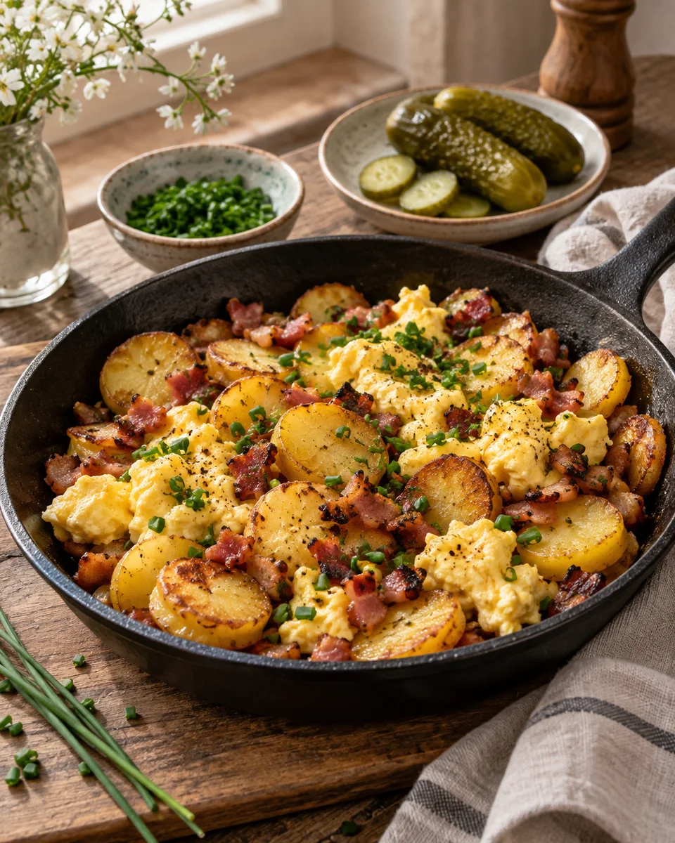 Bauernfrühstück mit Kartoffeln, Ei und Speck, als fertiges Gericht angerichtet. KI-generierte Rezeptillustration.