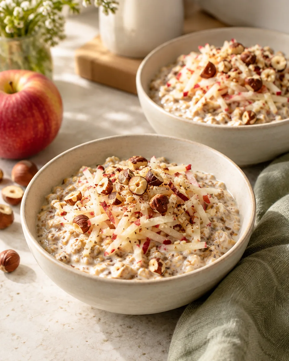 Bircher Müsli mit geriebenem Apfel – appetitlich angerichtete Rezeptillustration