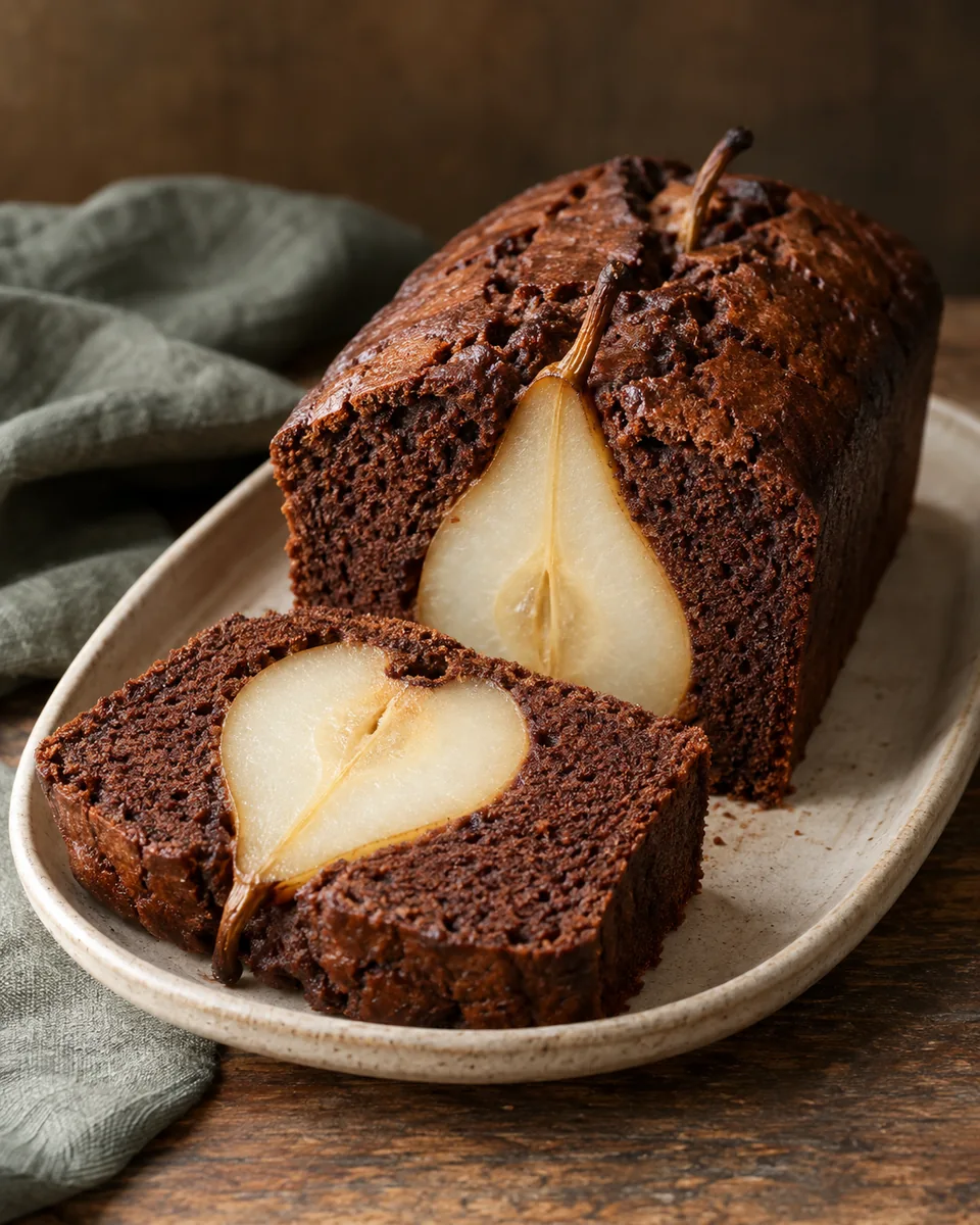 Angeschnittener dunkler Schokokastenkuchen mit hellen ganzen Birnen im Querschnitt