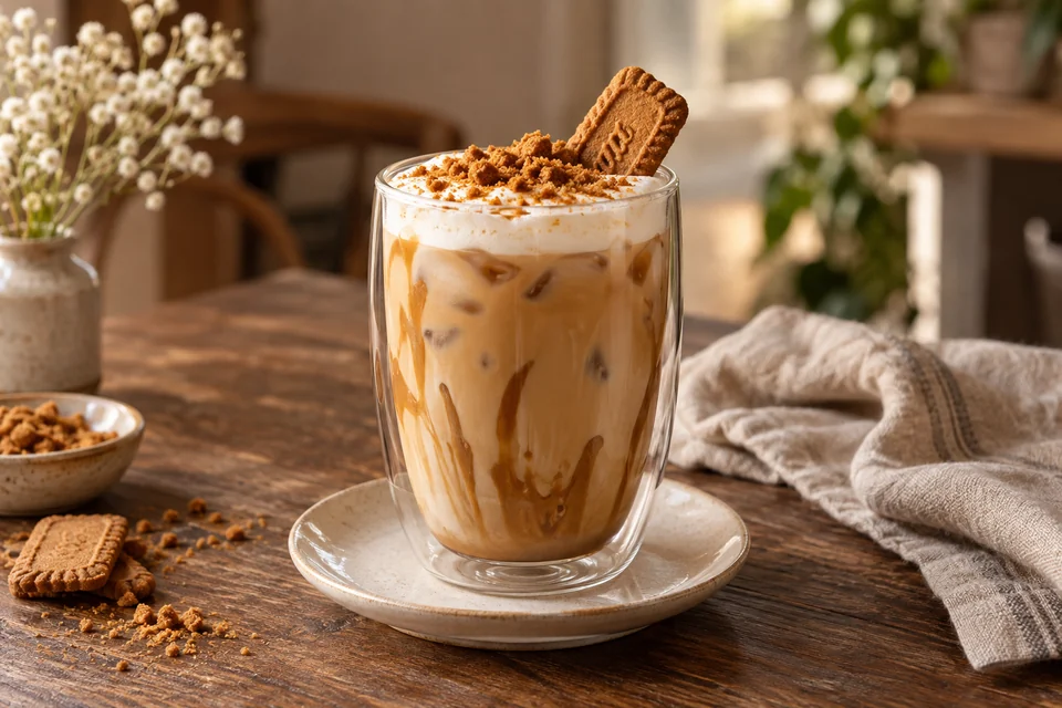 Iced Biscoff Latte mit Karamellkeks-Aufstrich, weichem Milchschaum, Kekscrunch und einem Keksstück