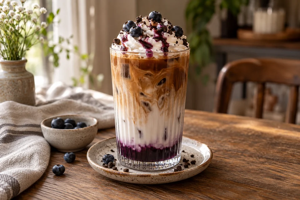Geschichteter Blueberry Cream Coffee mit Beerenschicht, Espresso, Eis und Sahne mit Blaubeeren
