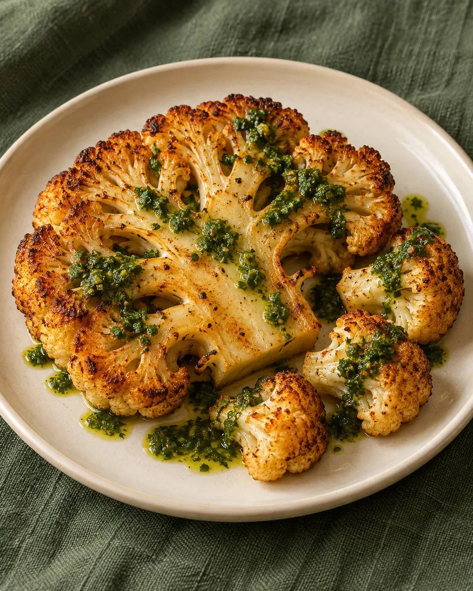 Geröstete Blumenkohlsteaks und Röschen mit grüner Kräutersauce