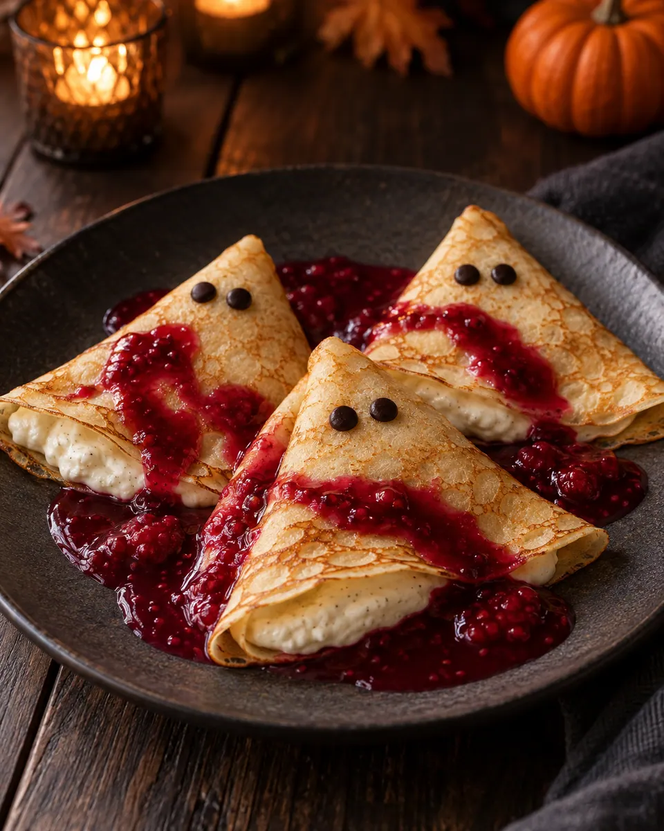 Dreieckig gefaltete Crêpes mit Vanillequark, roter Himbeersauce und je zwei Schokoaugen