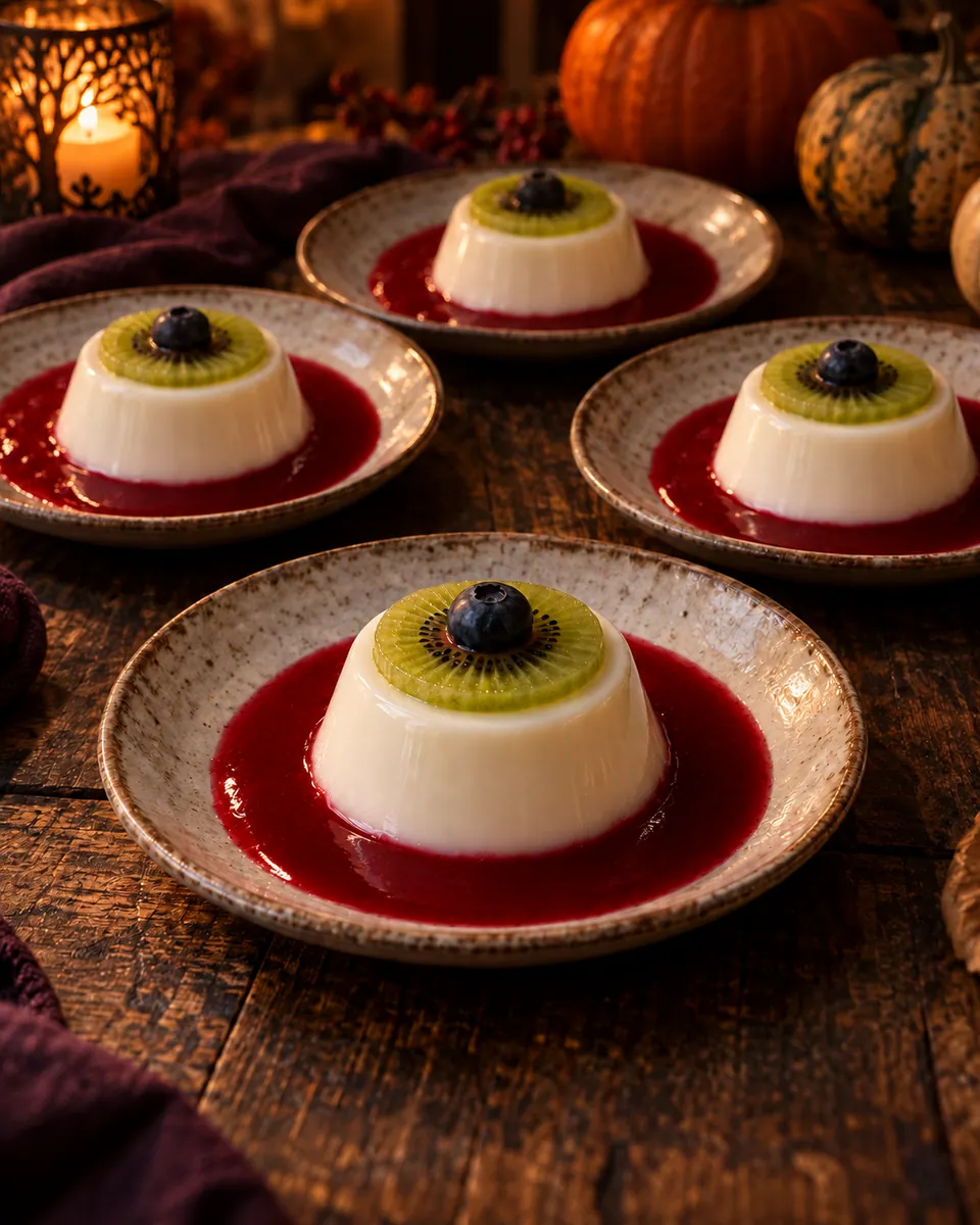 Flache runde Panna-cotta-Augen mit Kiwiiris und Blaubeerpupille auf roter Himbeersauce