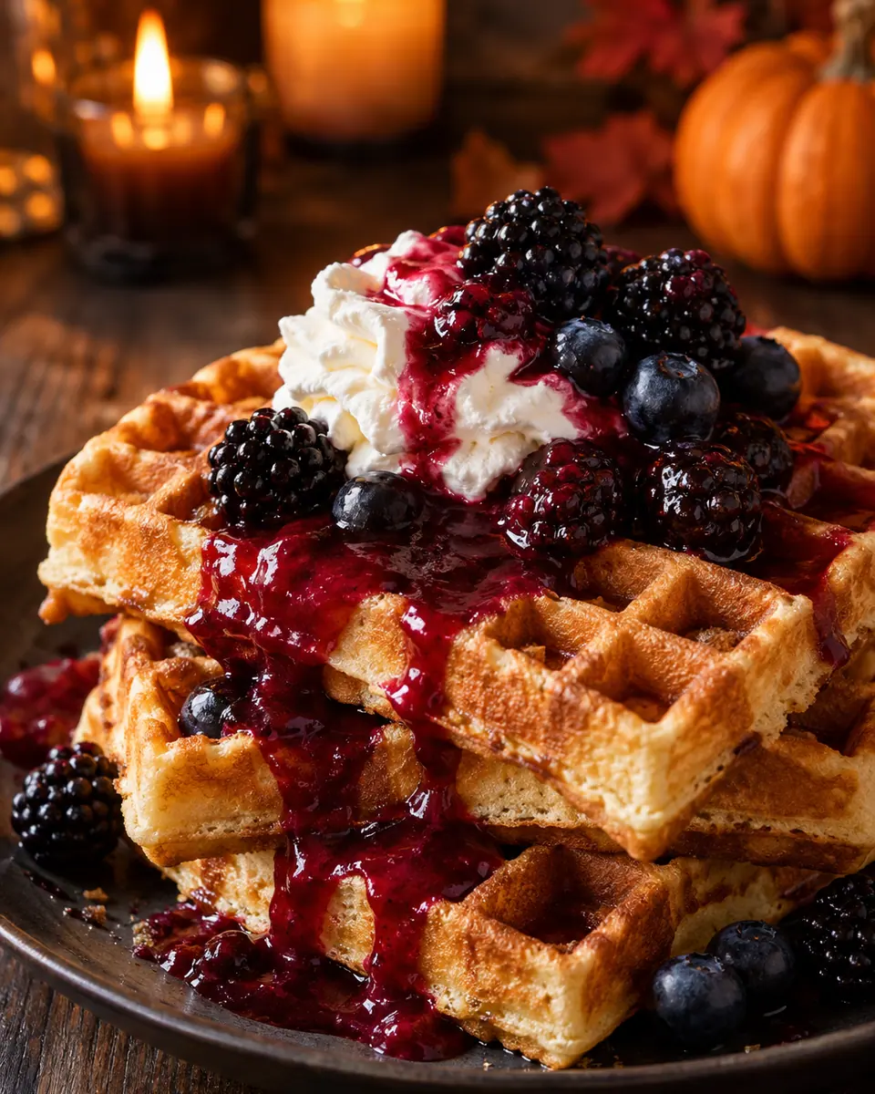 Belgische Waffeln mit roter Beerensauce, heller Vanillesahne und dunklen Beeren