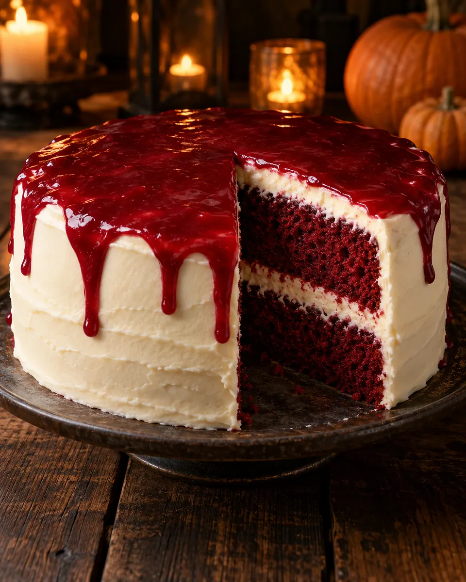 Red-Velvet-Torte mit weißer Frischkäsecreme, roten Himbeertropfen und sichtbarem zweilagigem Anschnitt