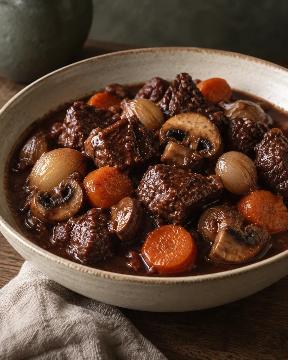 Dunkles Rinderragout mit Champignons, kleinen Schalotten und Möhren in Rotweinsauce