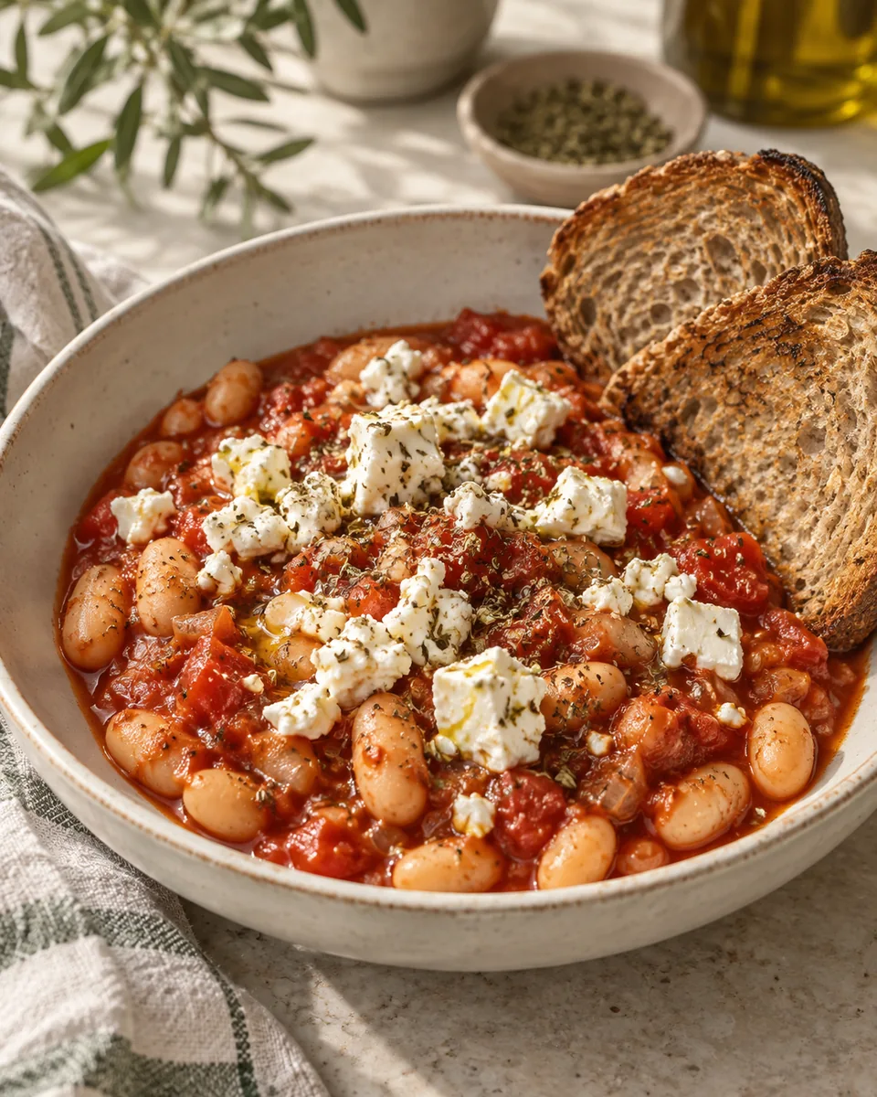Weiße-Bohnen-Pfanne mit Tomaten und Feta – KI-generierte Rezeptillustration