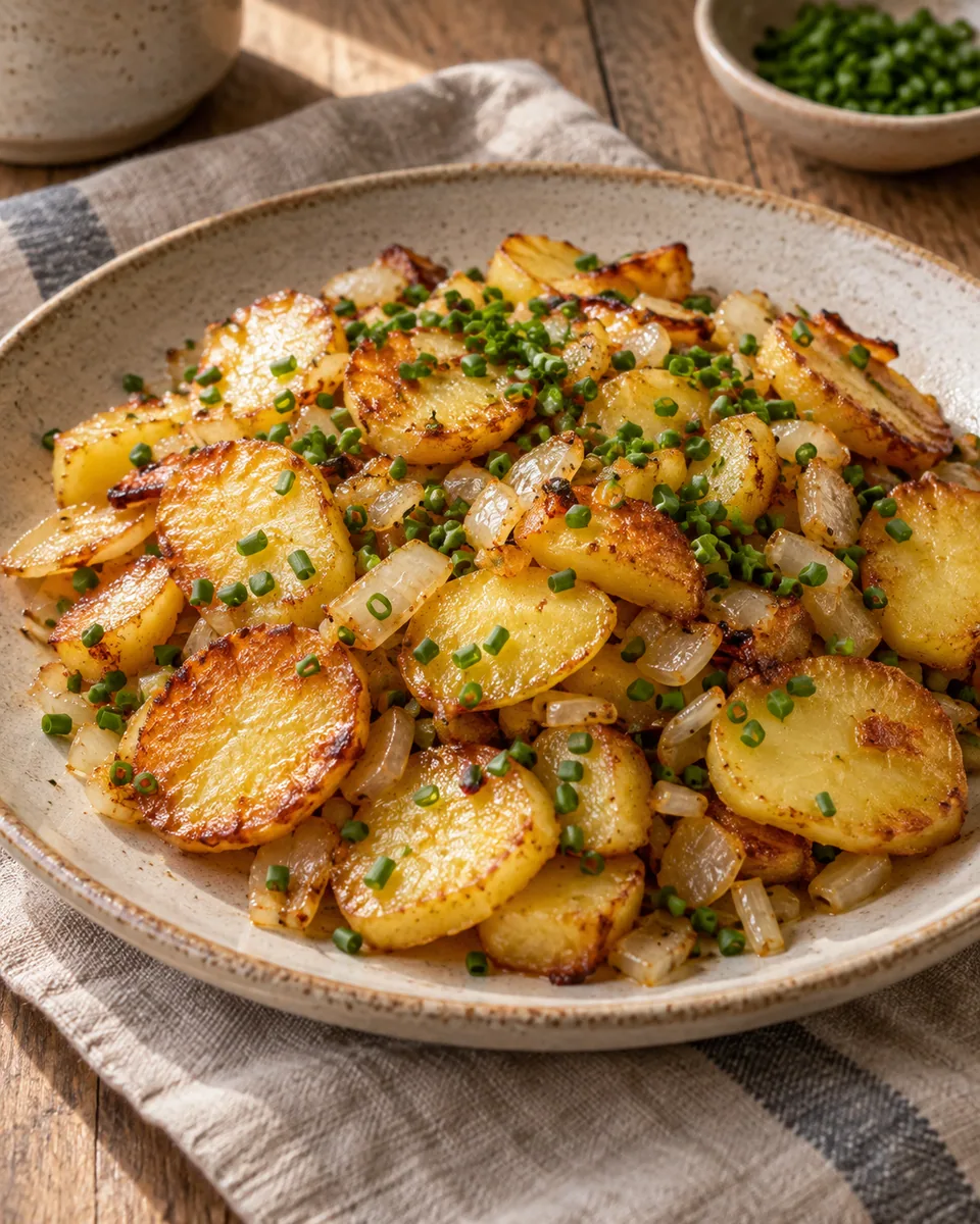 Goldbraune Kartoffelscheiben mit gebratenen Zwiebeln und Schnittlauch