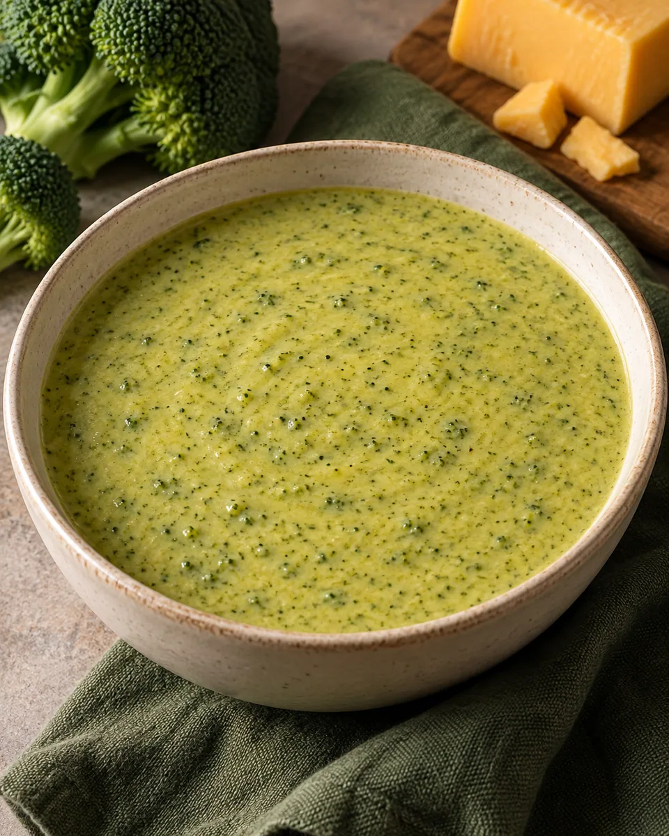 Cremige grüne Brokkolisuppe mit vollständig eingerührtem Käse