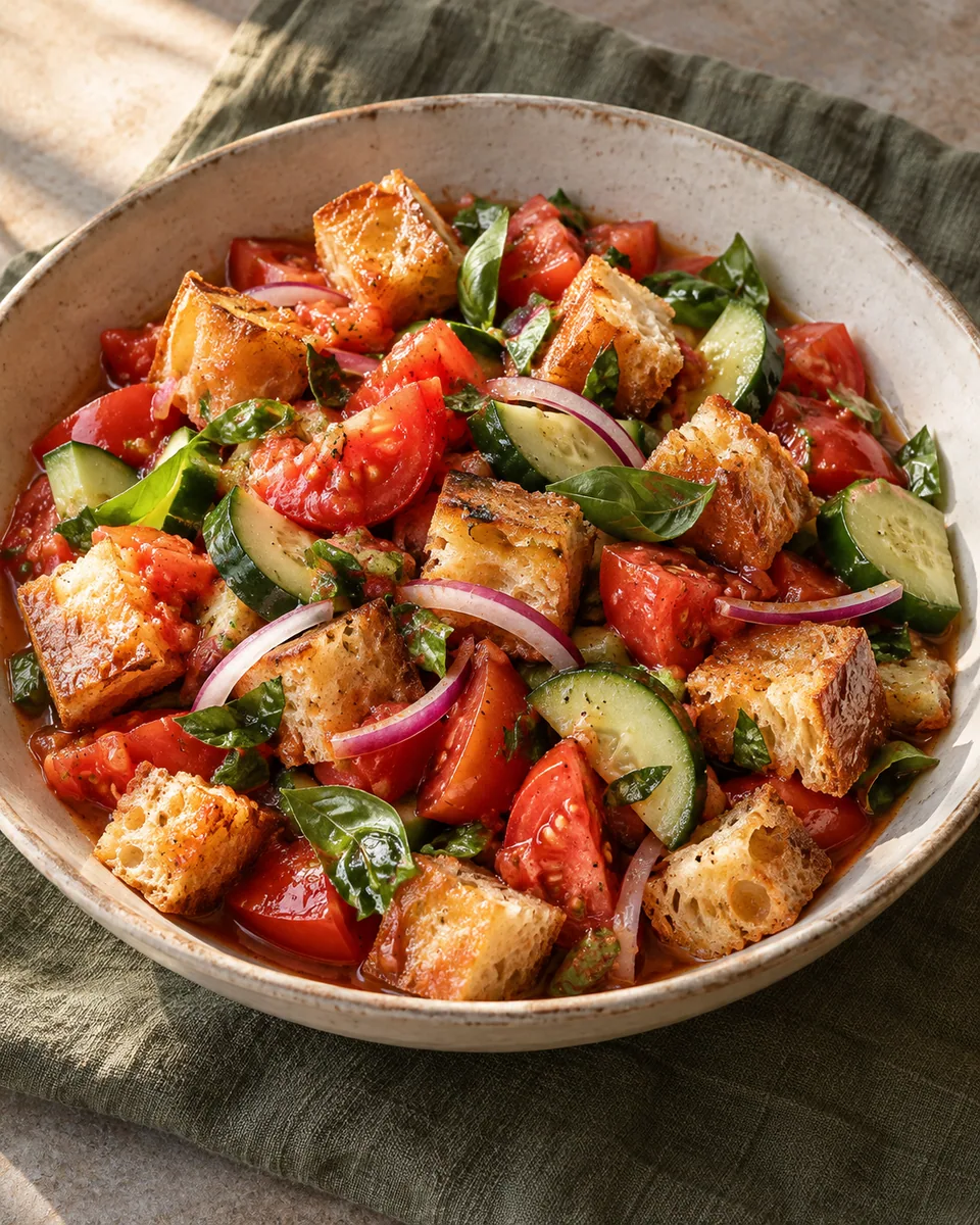 Panzanella mit gerösteten Brotwürfeln, Tomaten, Gurke und Basilikum