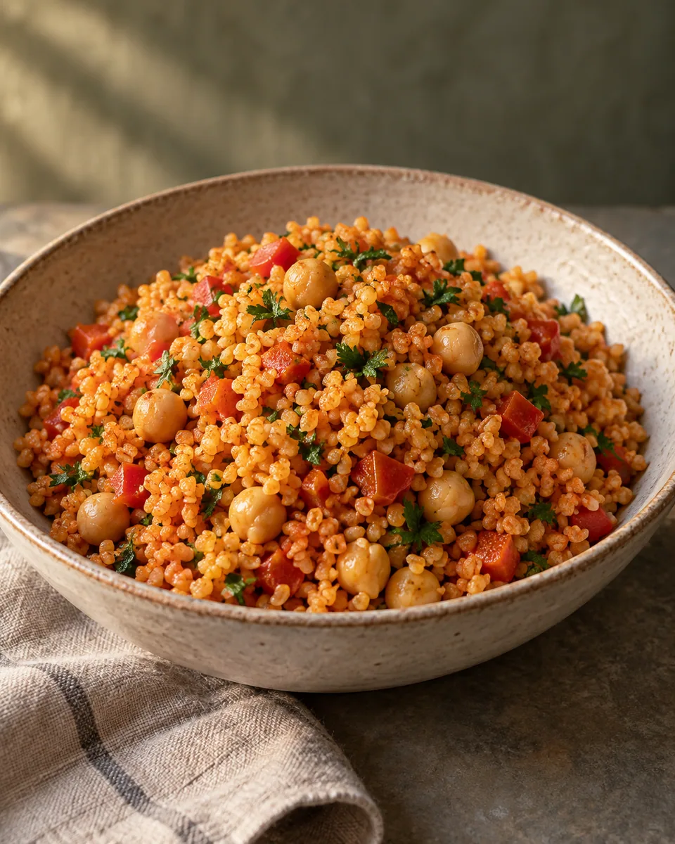 Lockerer rötlicher Bulgur mit Kichererbsen, Paprika und Petersilie