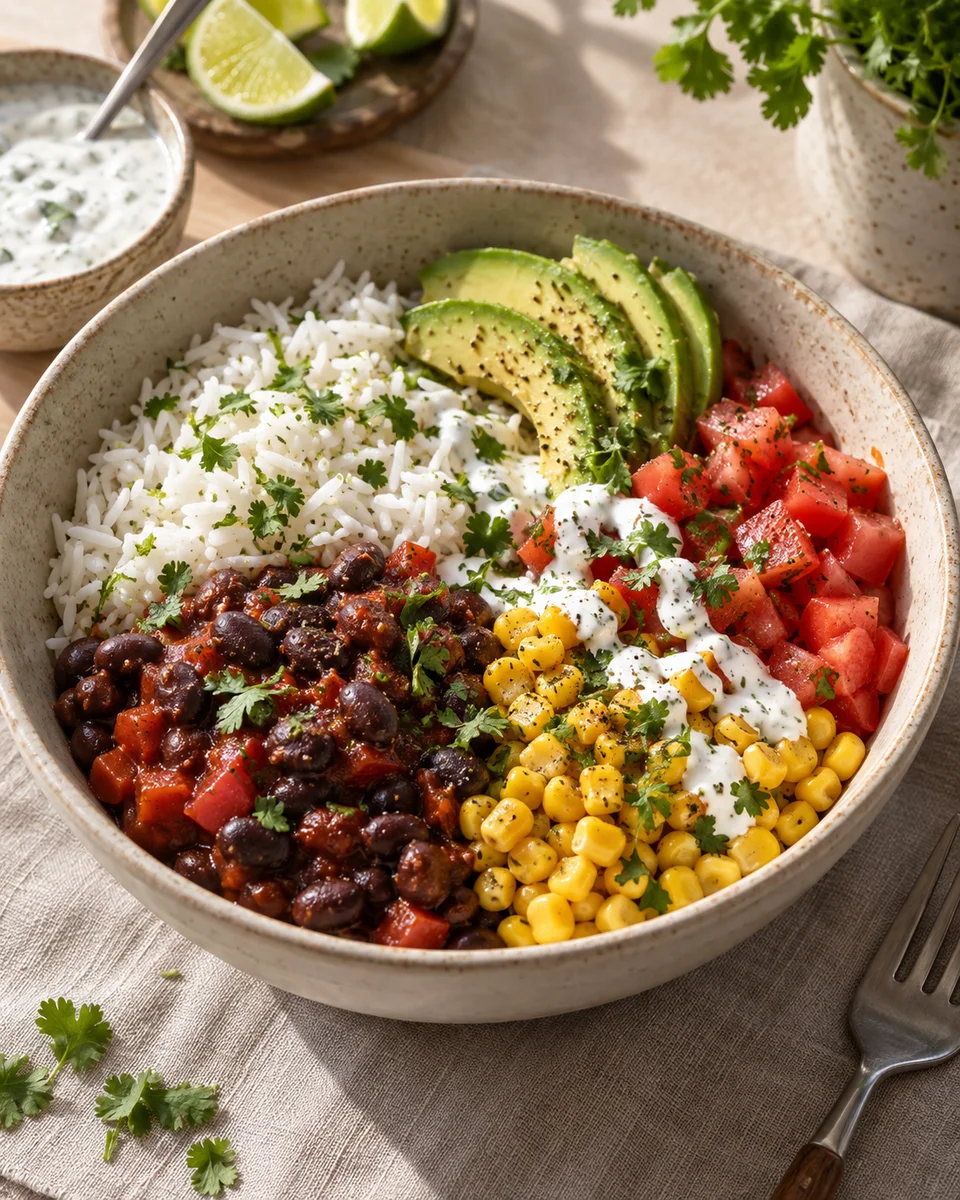 Burrito Bowl mit schwarzen Bohnen und Reis, als fertiges Gericht angerichtet. KI-generierte Rezeptillustration.