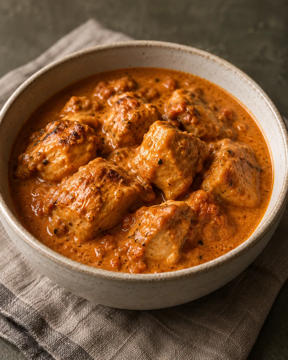 Hähnchenstücke in glatter orangefarbener Tomaten-Butter-Sauce ohne Sahnedekor