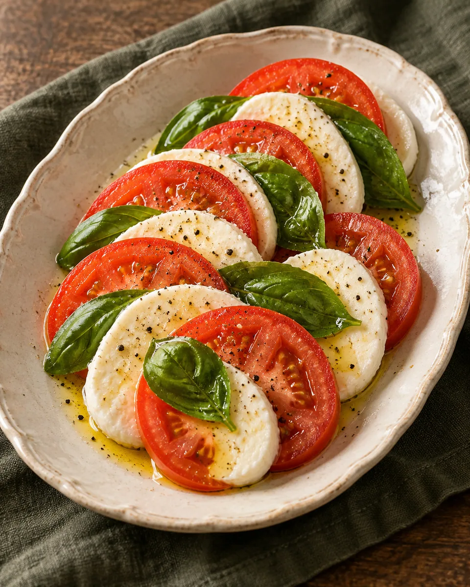 Tomate-Mozzarella mit Basilikum und Olivenöl auf einer Platte