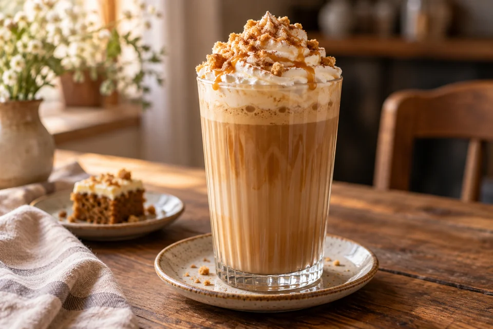 Warmer Carrot Cake Latte mit Zimt, Sahne und feinen Keksbröseln im Glas
