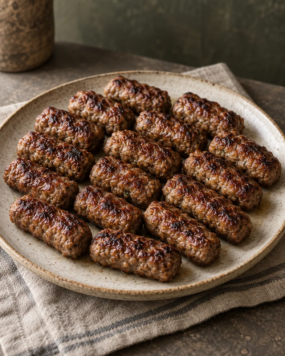 Gebräunte kleine Cevapcici ohne Spieße auf einer schlichten Platte