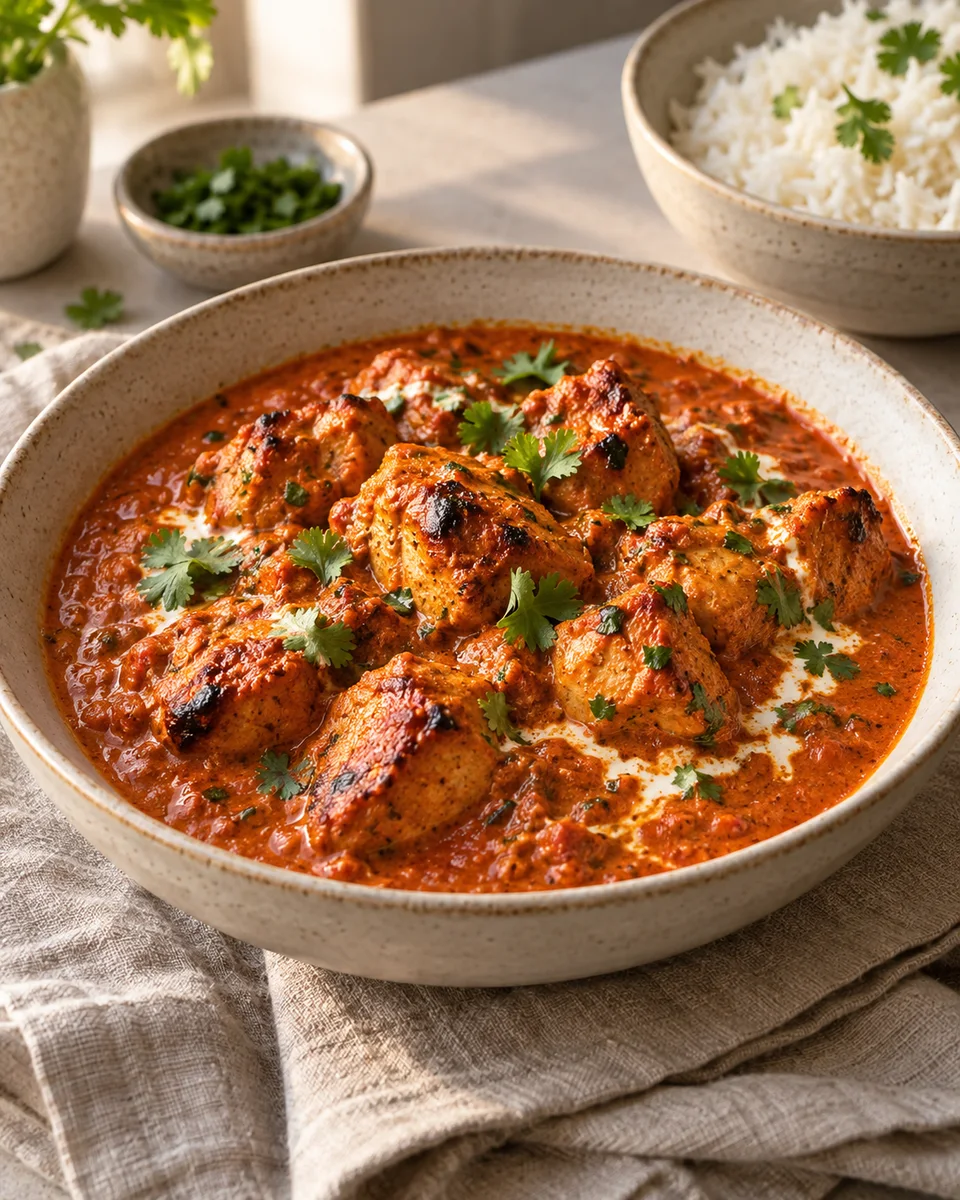 Chicken Tikka Masala mit geröstetem Hähnchen, als fertiges Gericht angerichtet. KI-generierte Rezeptillustration.