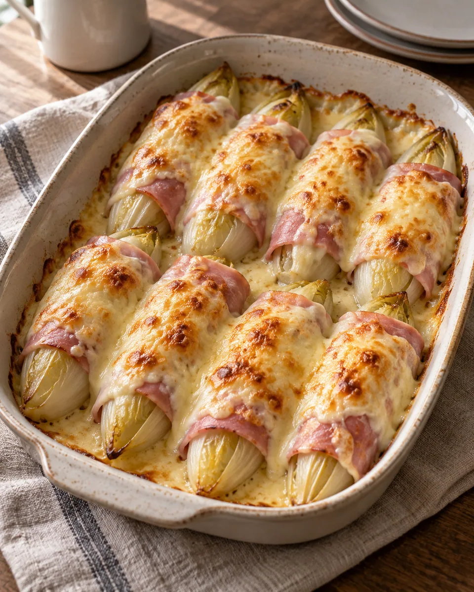 Chicoréehälften in Schinken unter goldener Béchamel-Käse-Haube