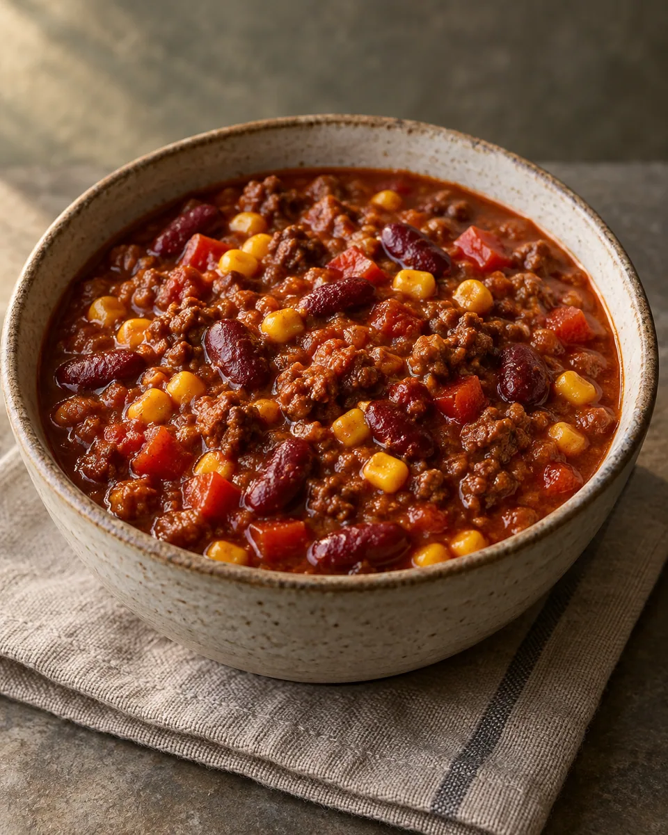 Sämiges rotes Chili mit Hackfleisch, Kidneybohnen, Mais und Paprikawürfeln